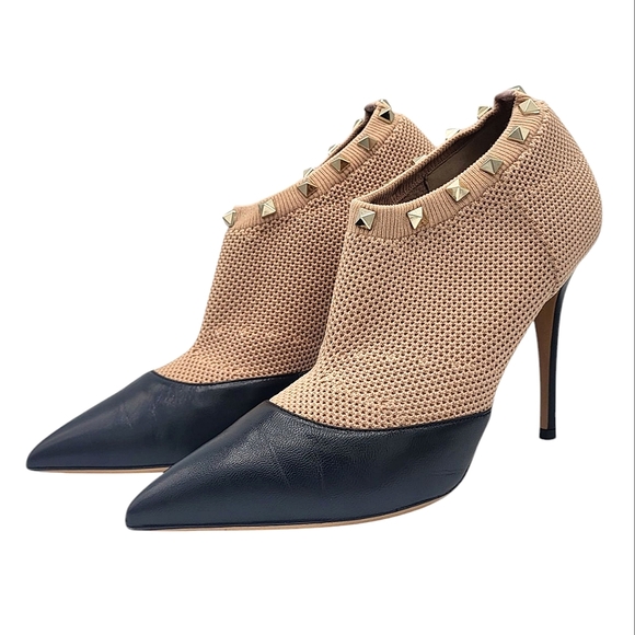Valentino Rockstud Leather Knit Sock Booties Studded Pumps Black Nude 38.5 - Picture 3 of 14